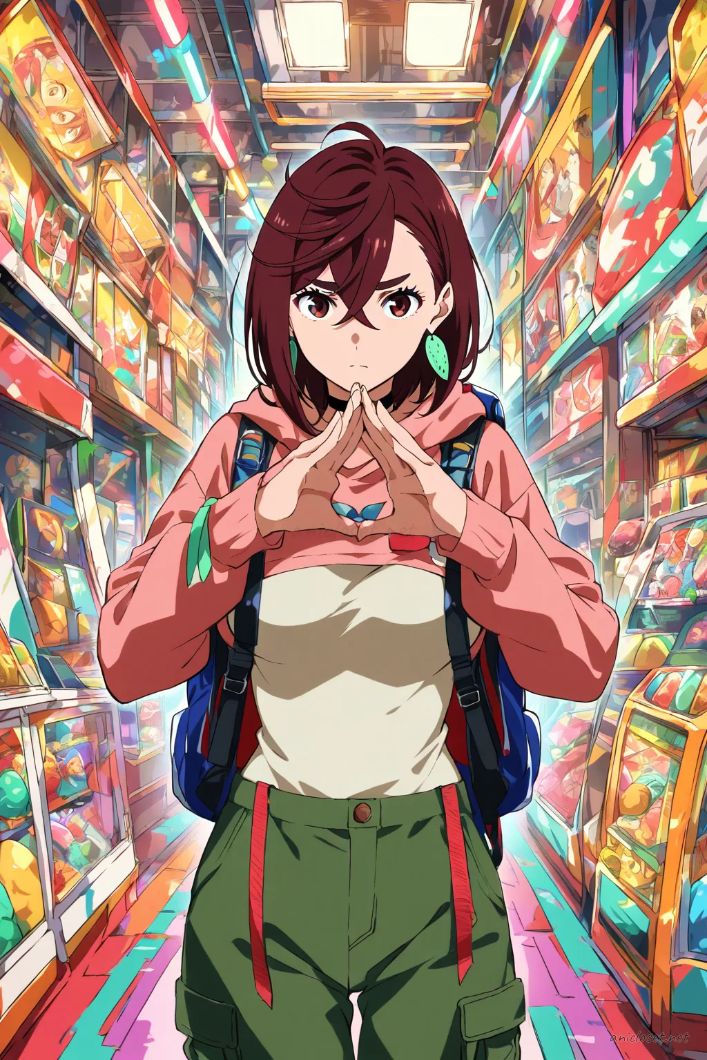Illustration of Momo Ayase wearing a cropped sweater, cargo pants, chunky sneakers, and tiny backpack, looking back over shoulder in a covered shopping arcade with soft daylight