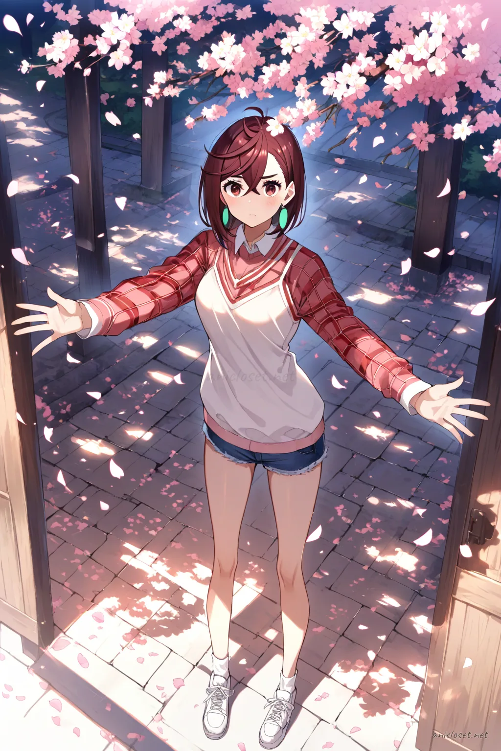 Full body front view of Momo Ayase wearing red plaid shirt over white camisole, denim shorts, white sneakers and ankle socks, sitting on curb with ice cream and cherry trees in background