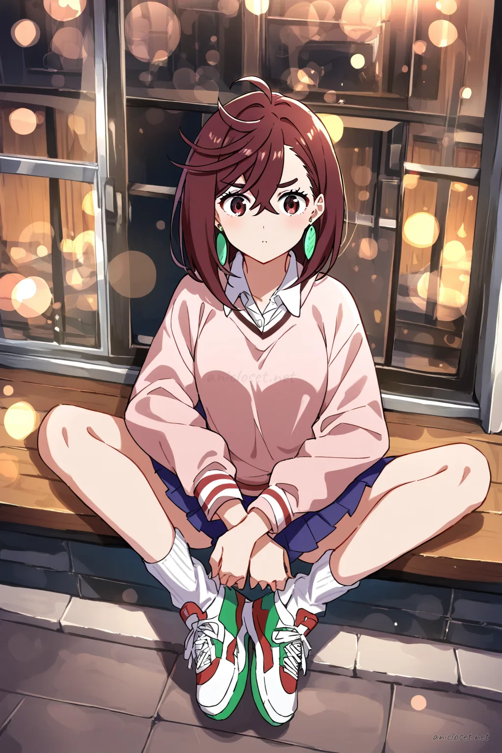 Full body front view of Momo Ayase wearing a cropped varsity jacket, ribbed tank top, micro tennis skirt, crew socks, and sneakers