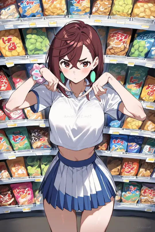 Illustration of Momo Ayase in a white cropped tee and pleated tennis skirt, wearing white sneakers and a pastel scrunchie, posed mid-twirl in an open plaza with pigeons under a soft bright sky