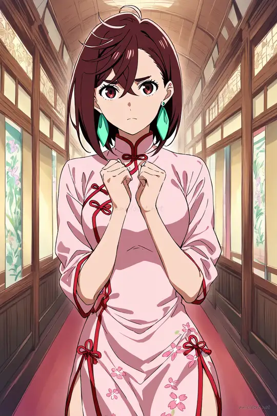 Illustration of Momo Ayase wearing a pastel pink qipao with floral pattern, mandarin collar, side slit, lace trim, and hair ribbon