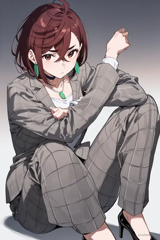 Illustration of Momo Ayase wearing a grey check tailored blazer and tapered pants with a white silk camisole and black heels, standing outside a glass building entrance with one hand in pocket