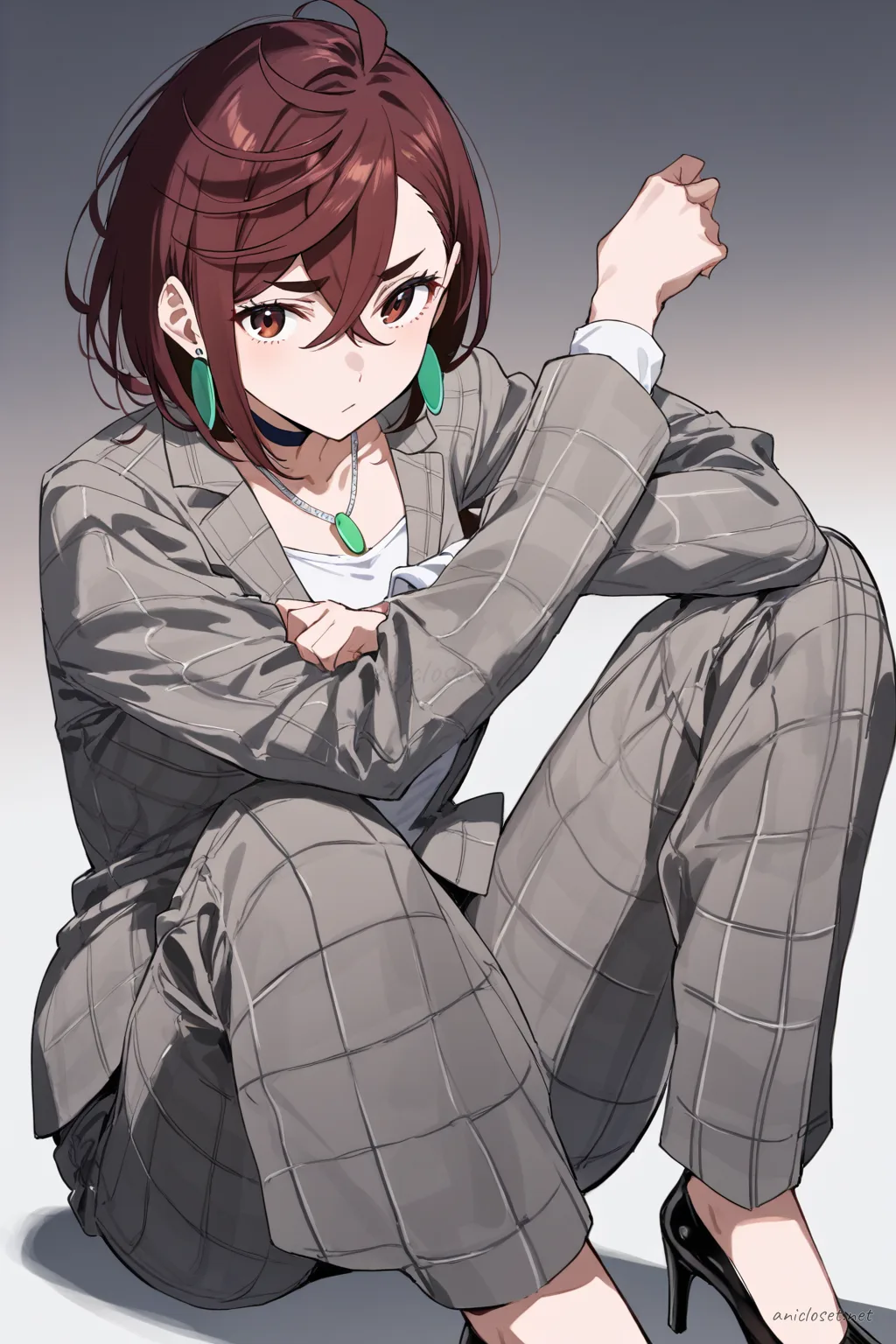 Illustration of Momo Ayase wearing a grey check tailored blazer and tapered pants with a white silk camisole and black heels, standing outside a glass building entrance with one hand in pocket