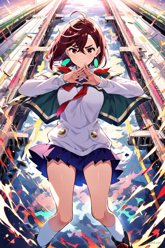 Illustration of Momo Ayase in winter idol costume with capelet, pleated mini skirt, and knee-high socks in a cowboy shot