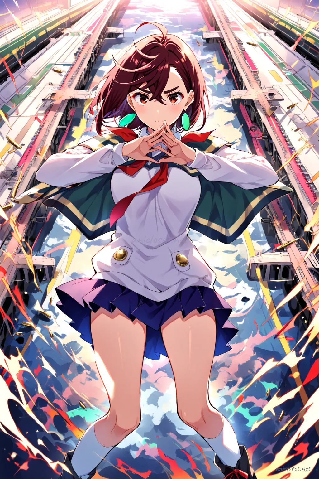 Illustration of Momo Ayase in winter idol costume with capelet, pleated mini skirt, and knee-high socks in a cowboy shot