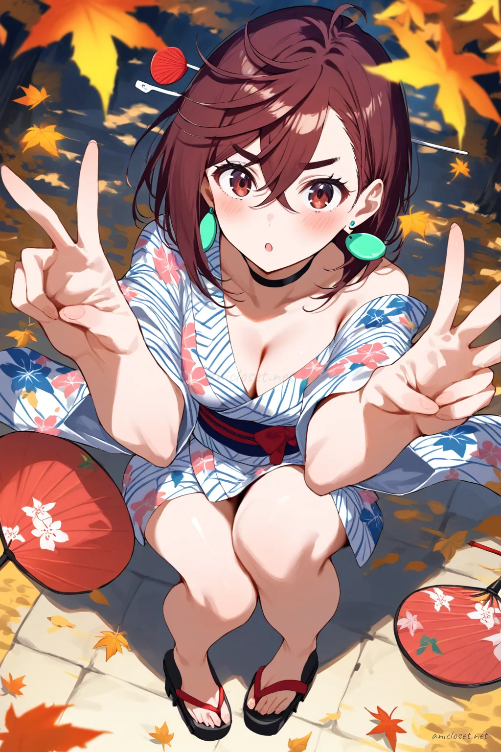 Illustration of Momo Ayase in a bright floral festival yukata with obi sash, geta sandals, holding an uchiwa fan and wearing a festival hairpin