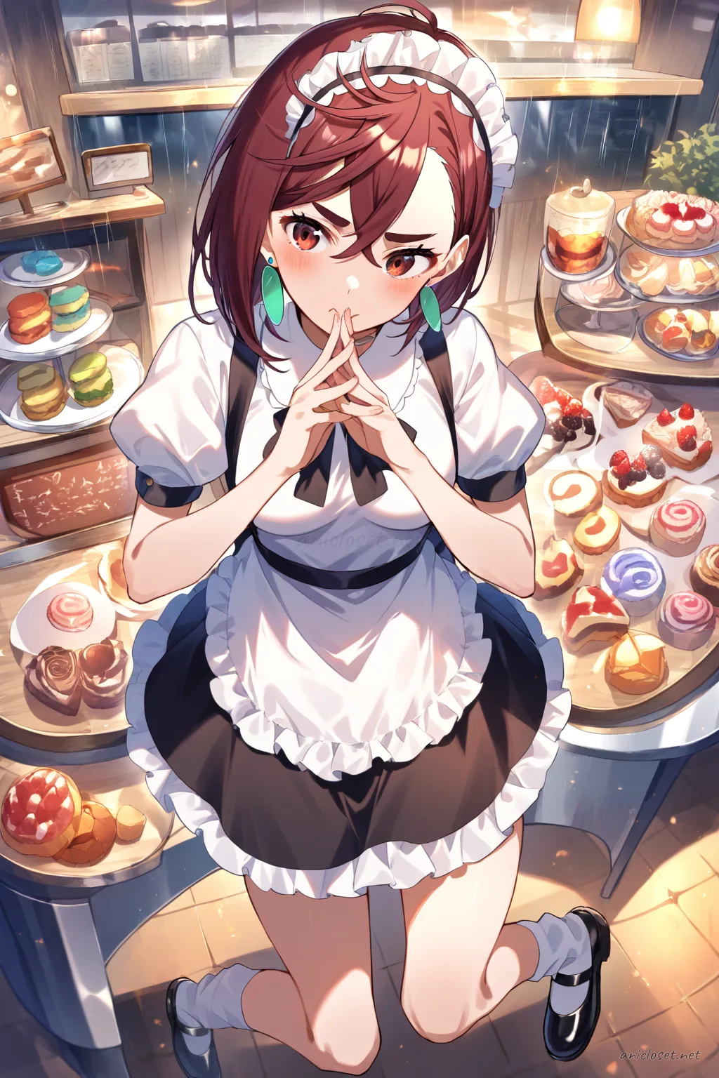 Illustration of Momo Ayase wearing a cute cafe maid dress with knee-length skirt, puff sleeves, ribbon apron, and mary janes