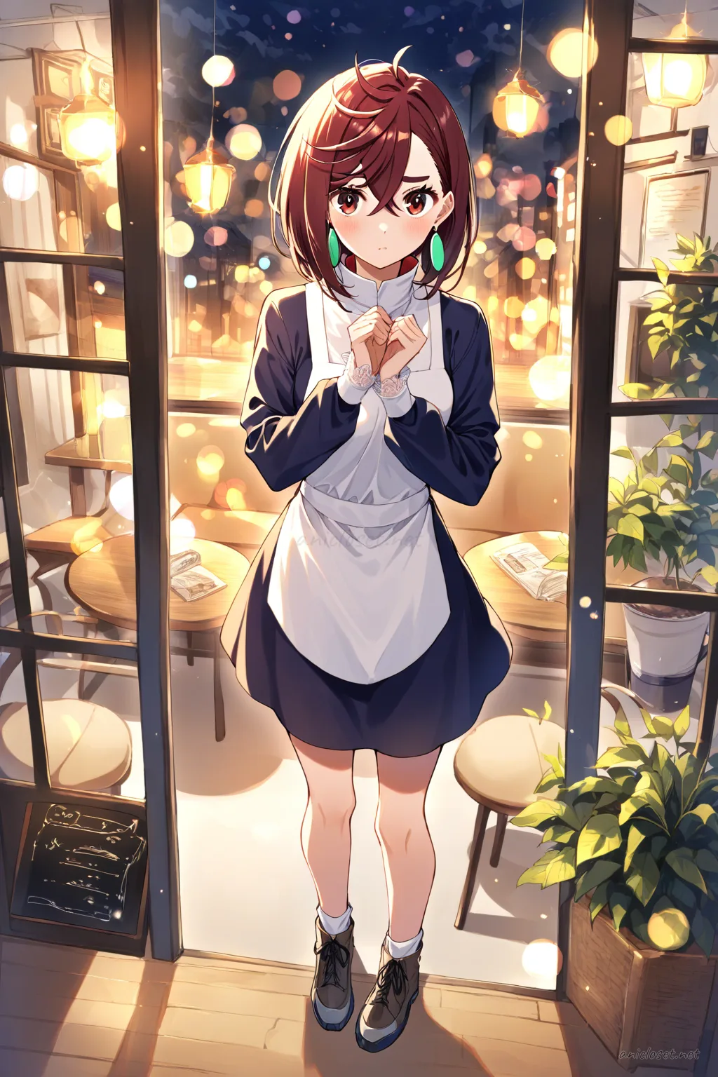 Full body illustration of Momo Ayase wearing a navy Edwardian maid uniform with a high collar, long sleeves, white bib apron, lace cuffs, and ankle boots, standing with shoes visible