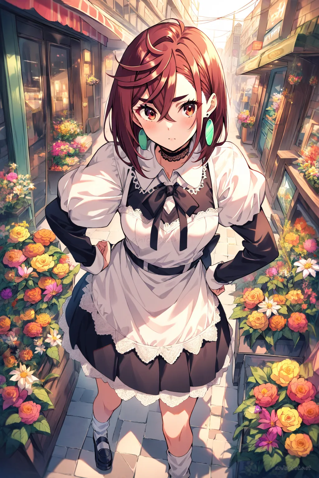 Illustration of Momo Ayase wearing a gothic maid dress with black lace trim, layered knee-length skirt, white apron, cross-tie ribbon, and black platform shoes