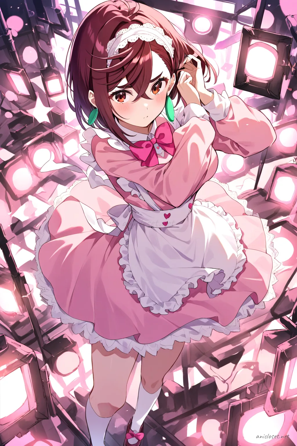 Illustration of Momo Ayase in pastel pink maid dress with scalloped white apron and heart-shaped buttons