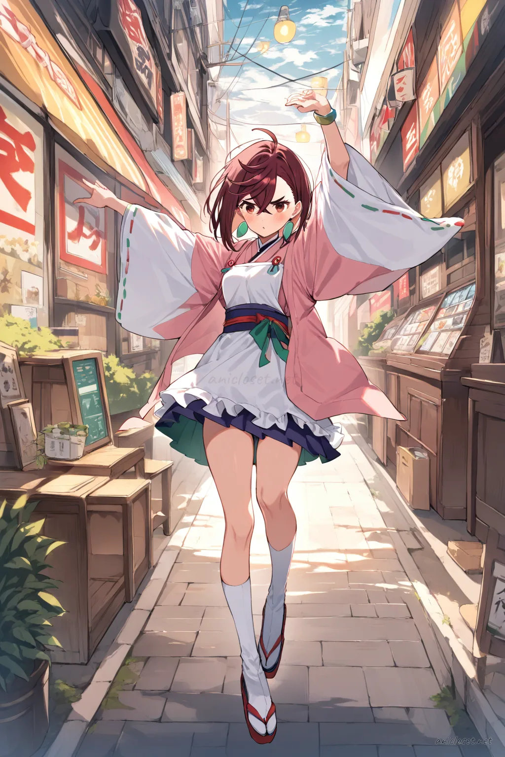 Illustration of Momo Ayase in maid outfit with kimono sleeves, hakama skirt, white apron, ribbon obi, tabi socks, and zori sandals