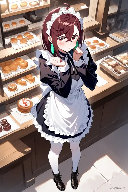 Full body illustration of Momo Ayase in a winter velvet long sleeve maid dress with warm frilled apron, capelet, opaque tights, and black ankle boots, standing