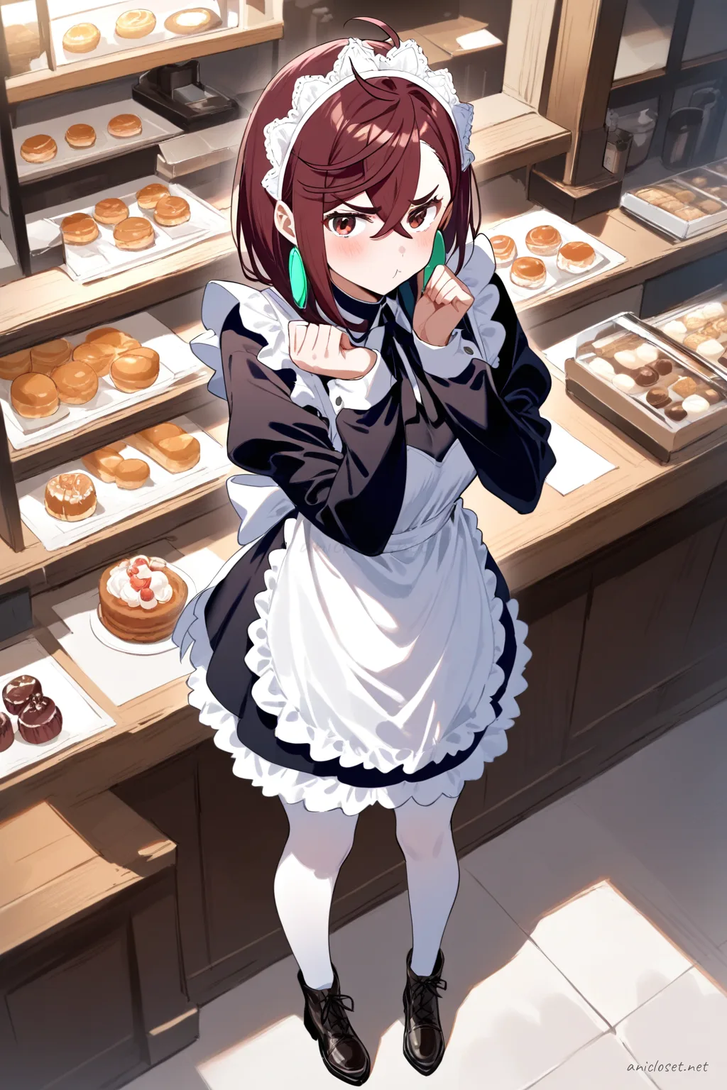 Full body illustration of Momo Ayase in a winter velvet long sleeve maid dress with warm frilled apron, capelet, opaque tights, and black ankle boots, standing
