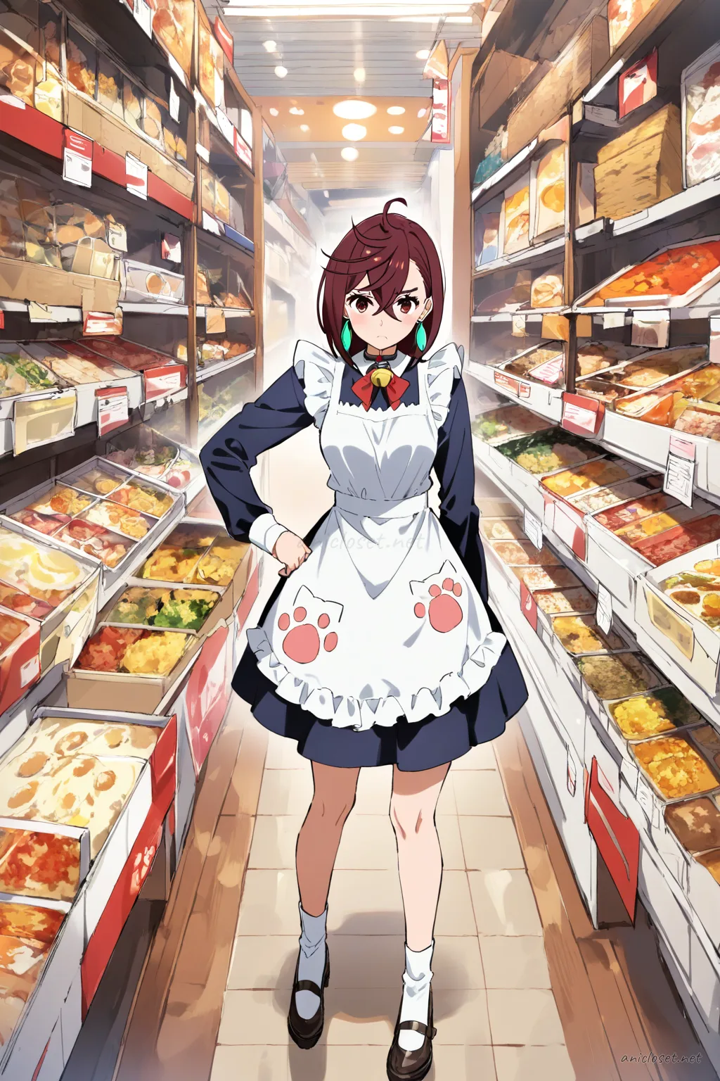 Full body illustration of Momo Ayase in a cat-motif maid dress with paw-print apron pockets, bell ribbon choker, puff sleeves, knee-length skirt, white frilled apron, black Mary Jane shoes, and white ankle socks, standing