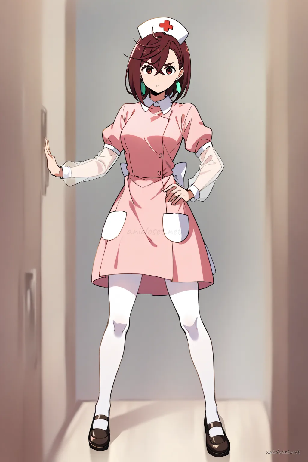 Full body front illustration of Momo Ayase in a moe nurse uniform dress with short hem, nurse cap with red cross, sheer white tights, and mary janes