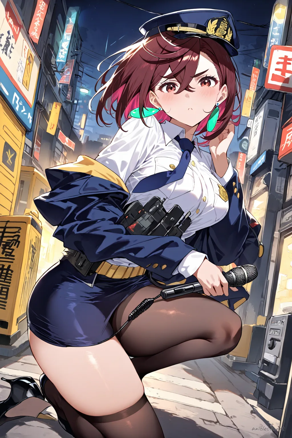 Illustration of Momo Ayase wearing a navy koban patrol-officer uniform with peaked cap and utility belt