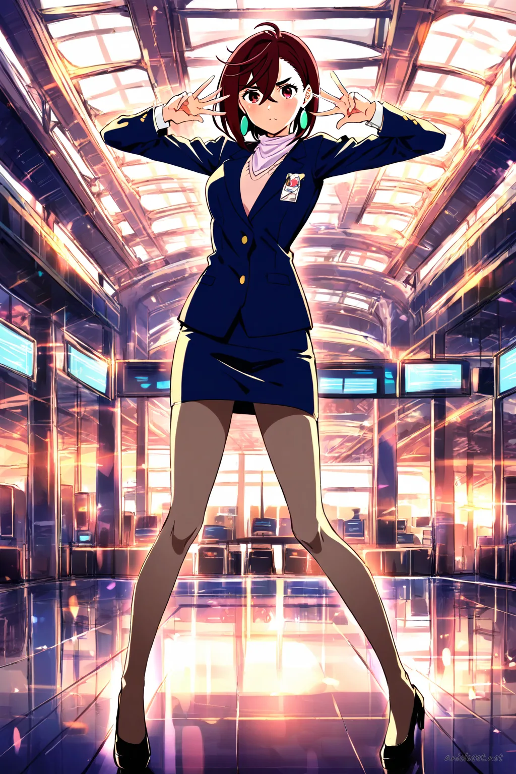 Illustration of Momo Ayase wearing a tailored airline cabin-attendant uniform with scarf and pencil skirt
