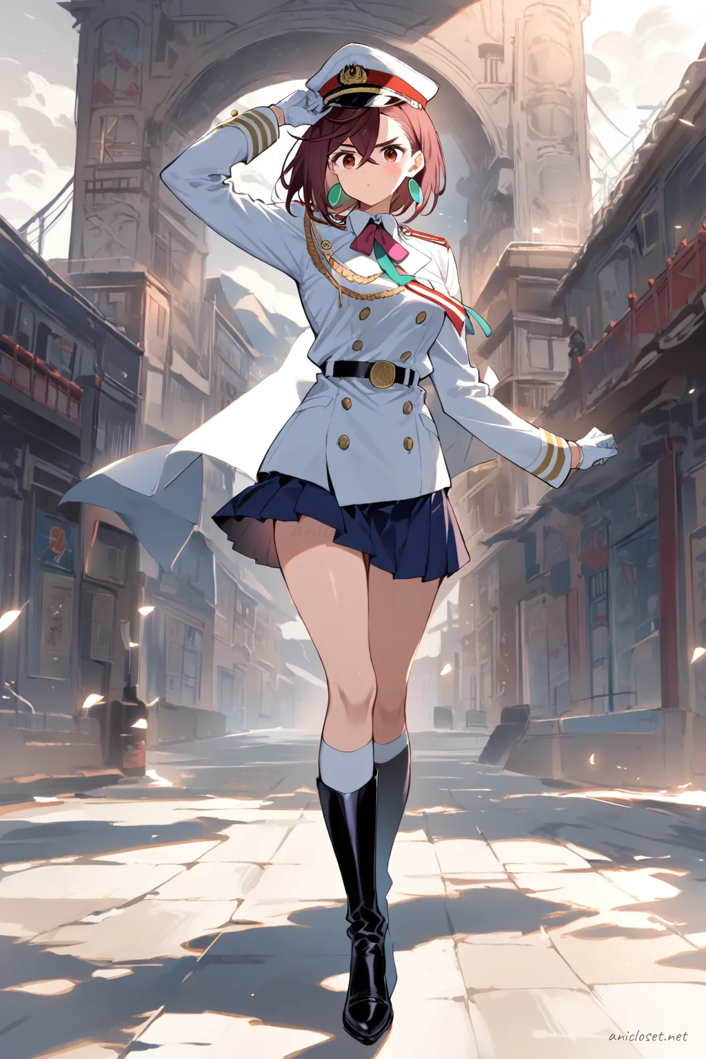 Full body illustration of Momo Ayase in military-dress parade uniform with peaked cap, white gloves, medals, and polished knee-high boots, standing pose
