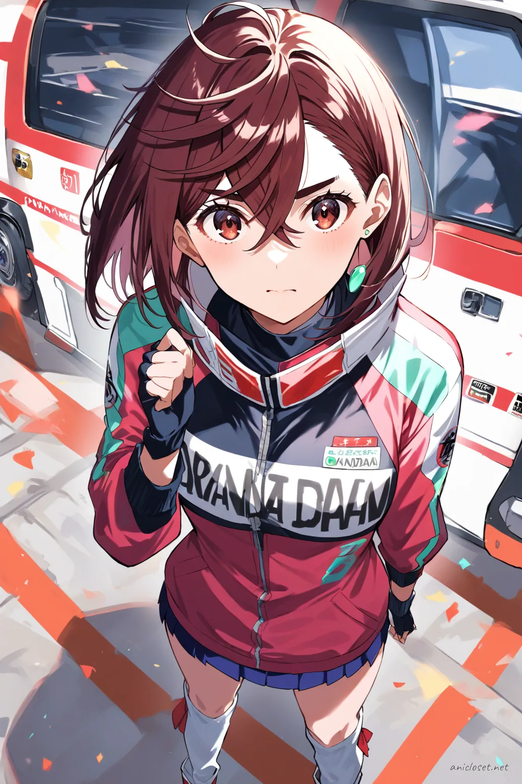 Momo Ayase in a race-queen style tight jacket and mini skirt, front view cowboy shot