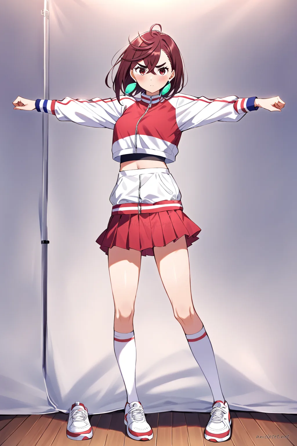 Full-body illustration of Momo Ayase wearing a fitted crop varsity jacket, short pleated skirt, knee socks, white sneakers, and sporty wristband against a clean studio backdrop