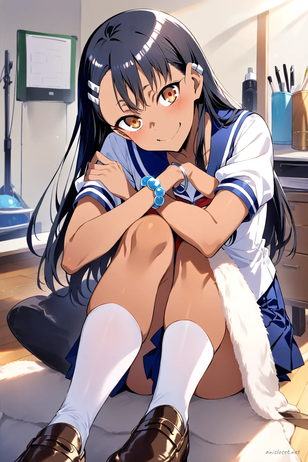 Full-body illustration of Hayase Nagatoro in her classic sailor uniform with navy pleated skirt, white blouse, red neckerchief, white knee-high socks, and brown loafers on a clean studio background
