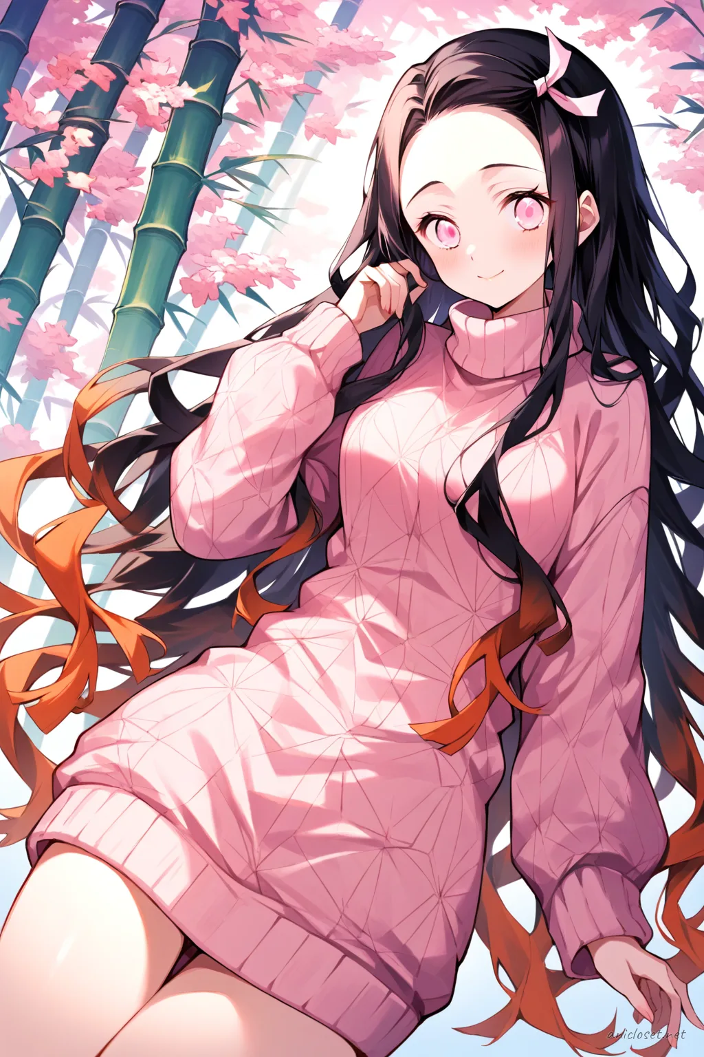 Illustration of Nezuko Kamado wearing a pastel pink cable knit turtleneck sweater dress with fuzzy slip-on slippers, shown knee-up in soft studio lighting