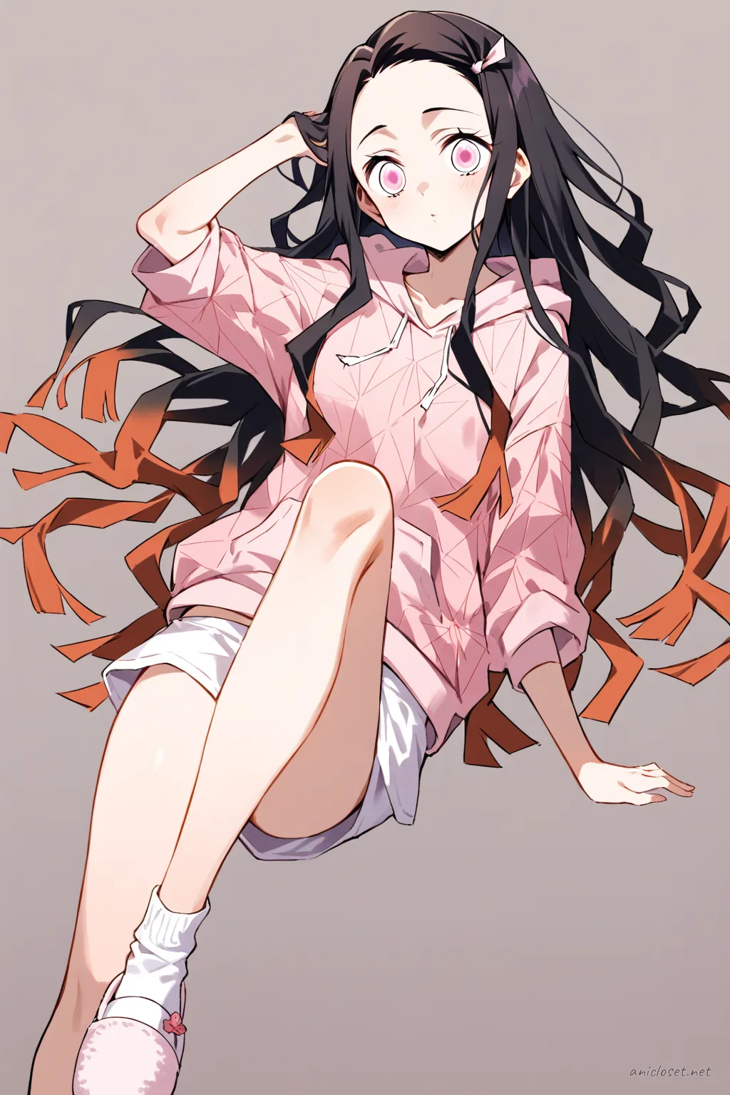 Illustration of Nezuko Kamado wearing an oversized hoodie and drawstring shorts in a knee-up half-body pose with soft studio lighting