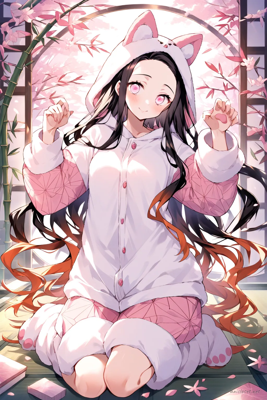 Full-body three-quarter view of Nezuko Kamado wearing a pastel pink and white one-piece animal kigurumi pajama with plush costume-ear hood and paw cuffs, sitting on a beanbag chair holding a matching plush bear in a fairy-light room with soft window light