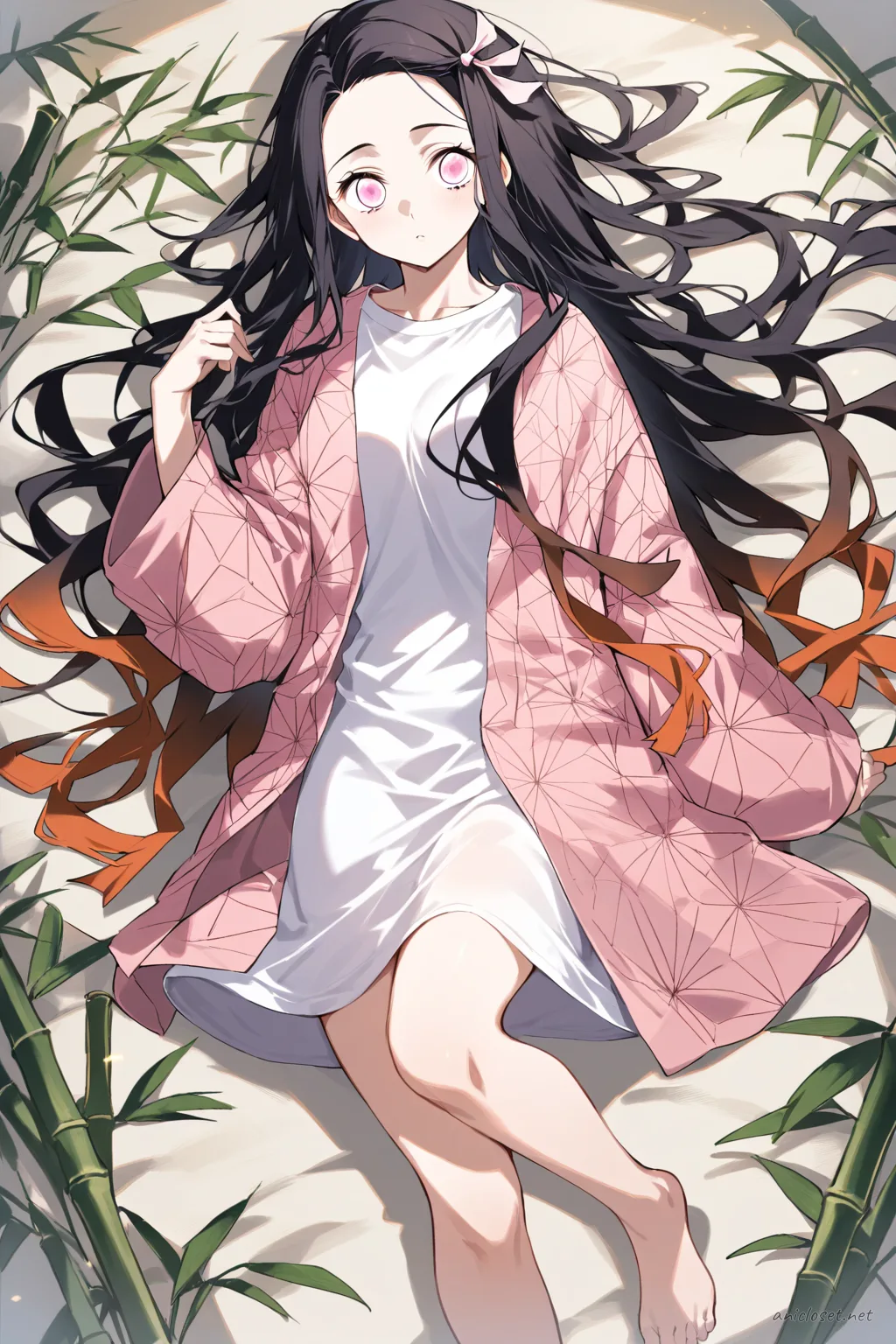 Knee-up half-body illustration of Nezuko Kamado wearing a loose pastel pink robe over a white knee-length tee dress, barefoot in a clean studio setting