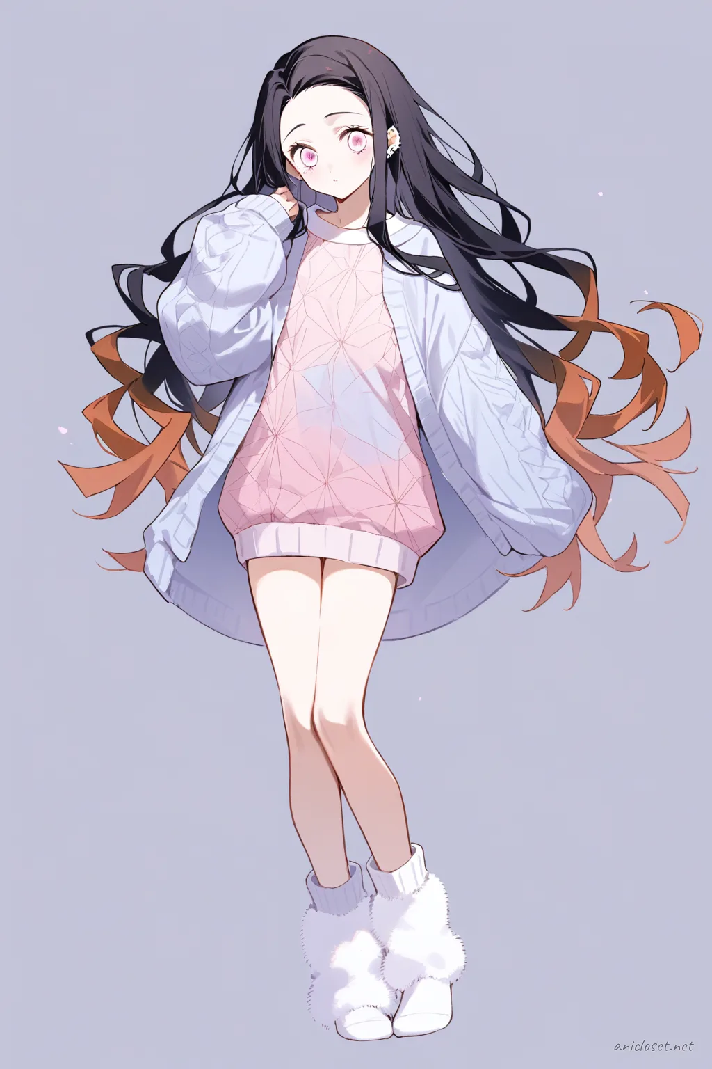 Full-body illustration of Nezuko Kamado standing in a pastel pink oversized knit sweater, loose pastel lavender lounge pants, fuzzy white ankle socks, and a cozy pastel blue cardigan against a clean studio backdrop