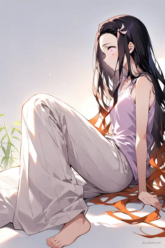 Illustration of Nezuko Kamado in a sleeveless tank top and wide-leg linen pants, shown knee-up with soft studio lighting on a simple background