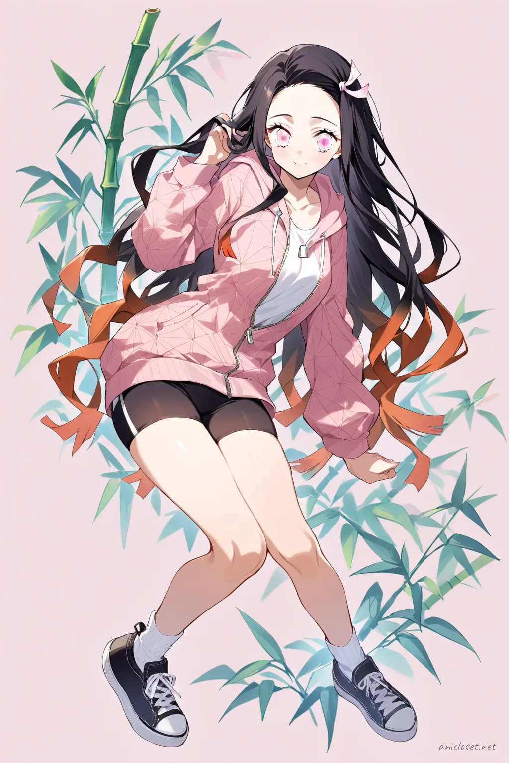 Full-body three-quarter view illustration of Nezuko Kamado wearing a pastel pink zip-up hoodie, black mid-thigh bike shorts, white crew socks, and slip-on sneakers against a simple studio background