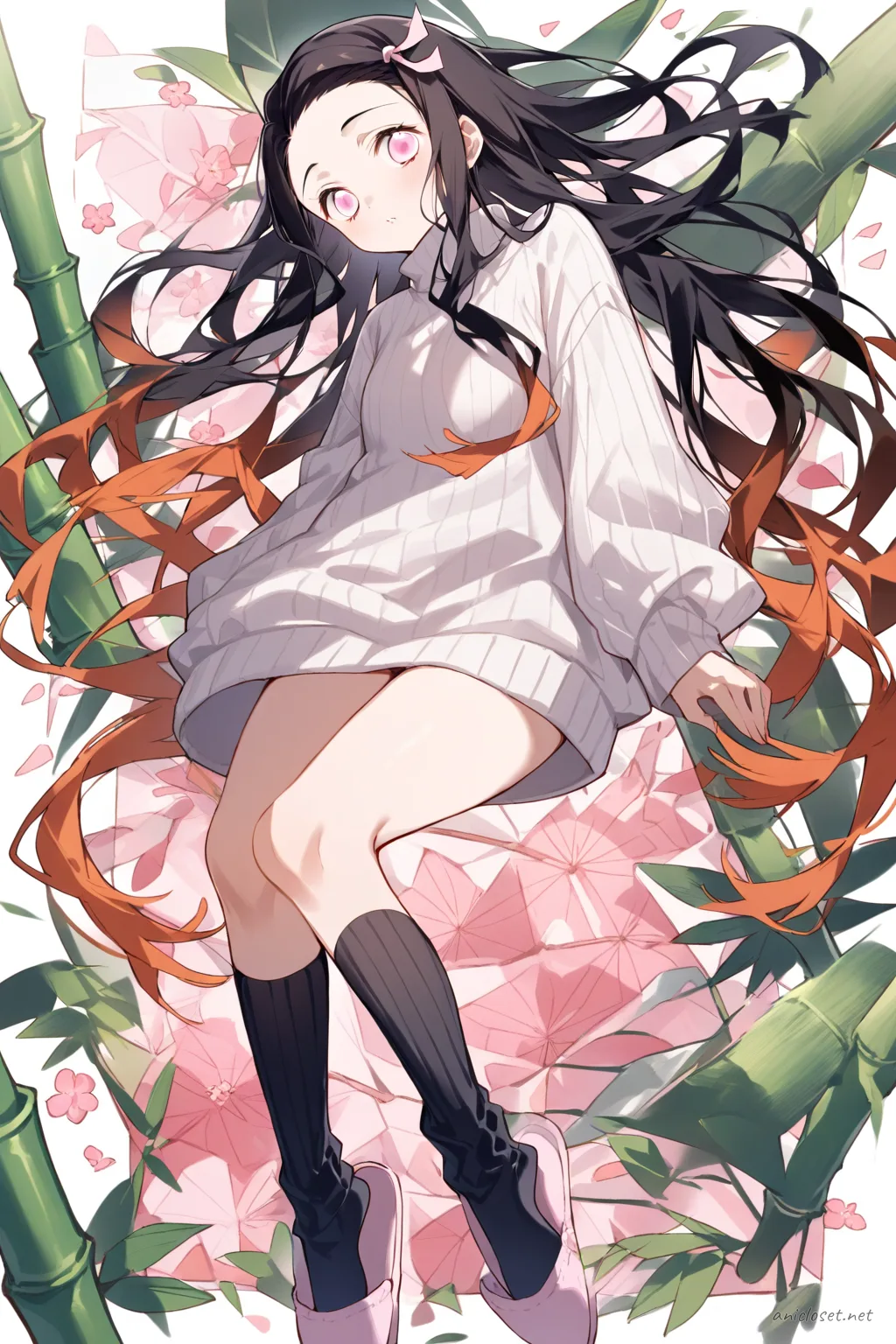 Full-body three-quarter view illustration of Nezuko Kamado wearing a long ribbed knit turtleneck tunic with fitted black leggings, cozy socks, and slip-on slippers in a simple studio setting