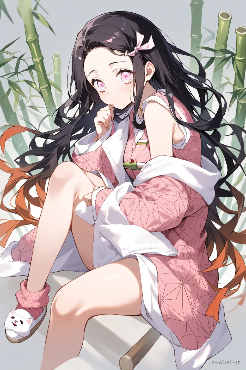 Half-body illustration of Nezuko Kamado in pastel pink cotton pajama top and loose shorts, wearing a cozy knit cardigan and terry cloth hair towel, soft studio lighting