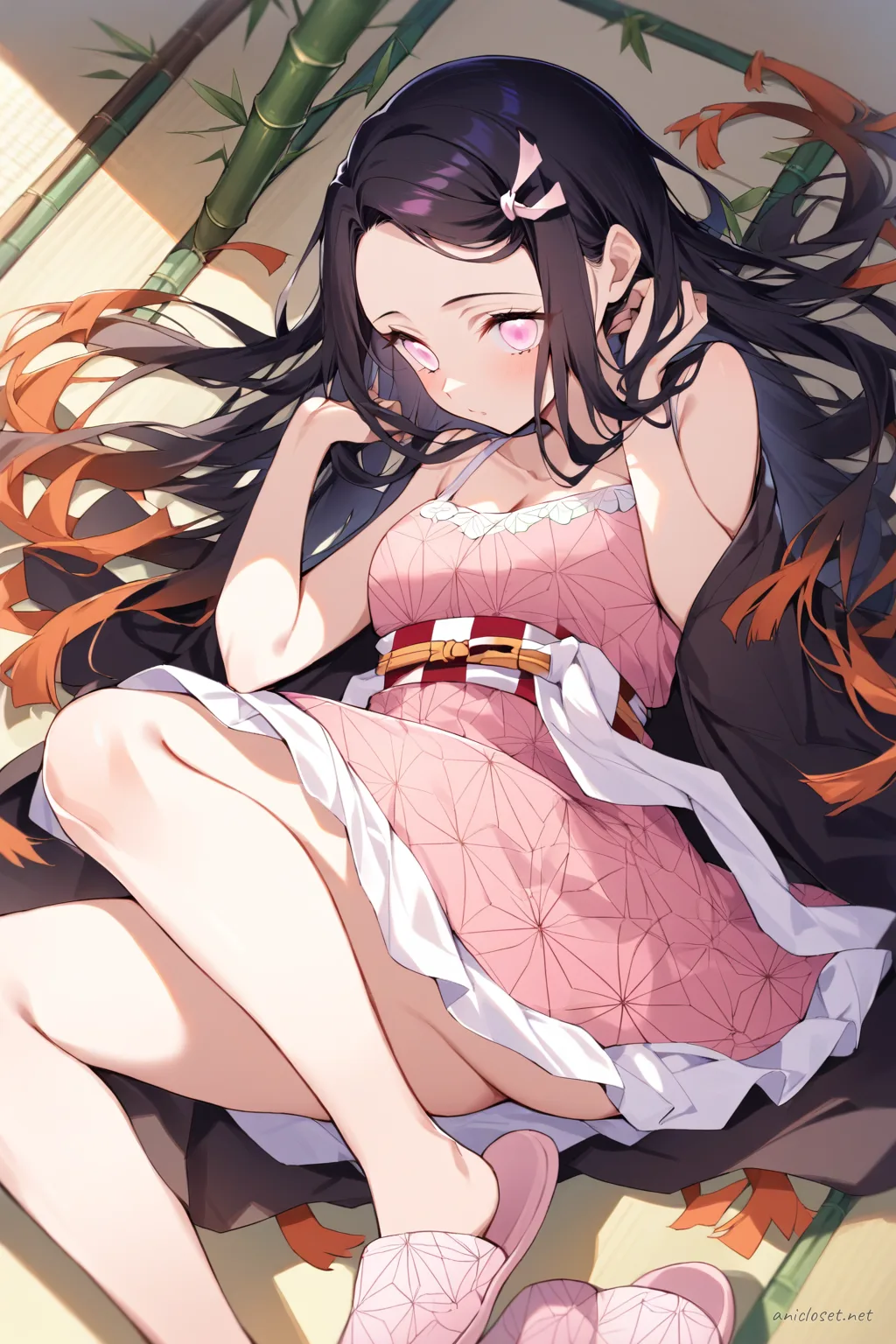 Full-body three-quarter view illustration of Nezuko Kamado wearing a soft pink sleeveless lounge dress with ruffled hem, pastel pink slippers, and a knit cardigan draped over shoulders against a clean studio background