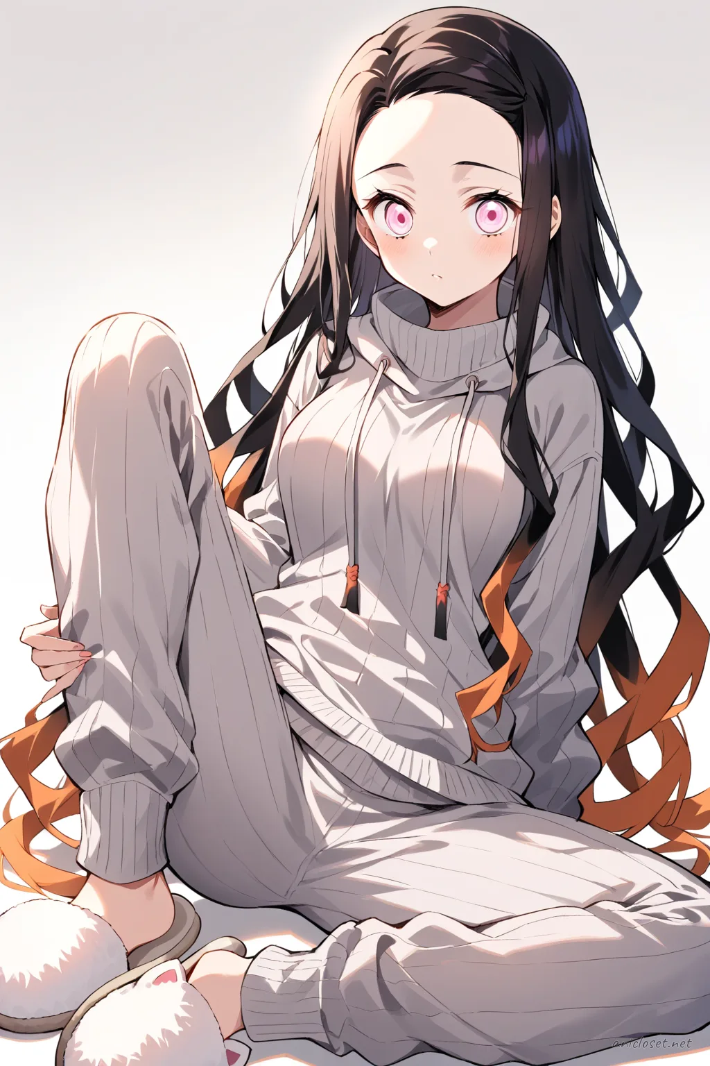 Illustration of Nezuko Kamado in a gray knit lounge sweater and pants with ribbed cuffs, seated in a soft-lit studio setting