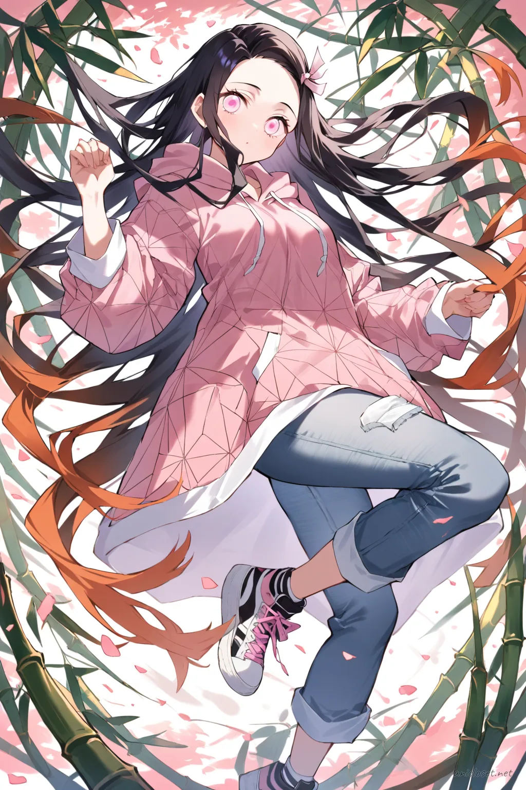 Full-body three-quarter view of Nezuko Kamado wearing oversized hoodie, light wash high-waisted jeans, and white sneakers in a clean studio setting