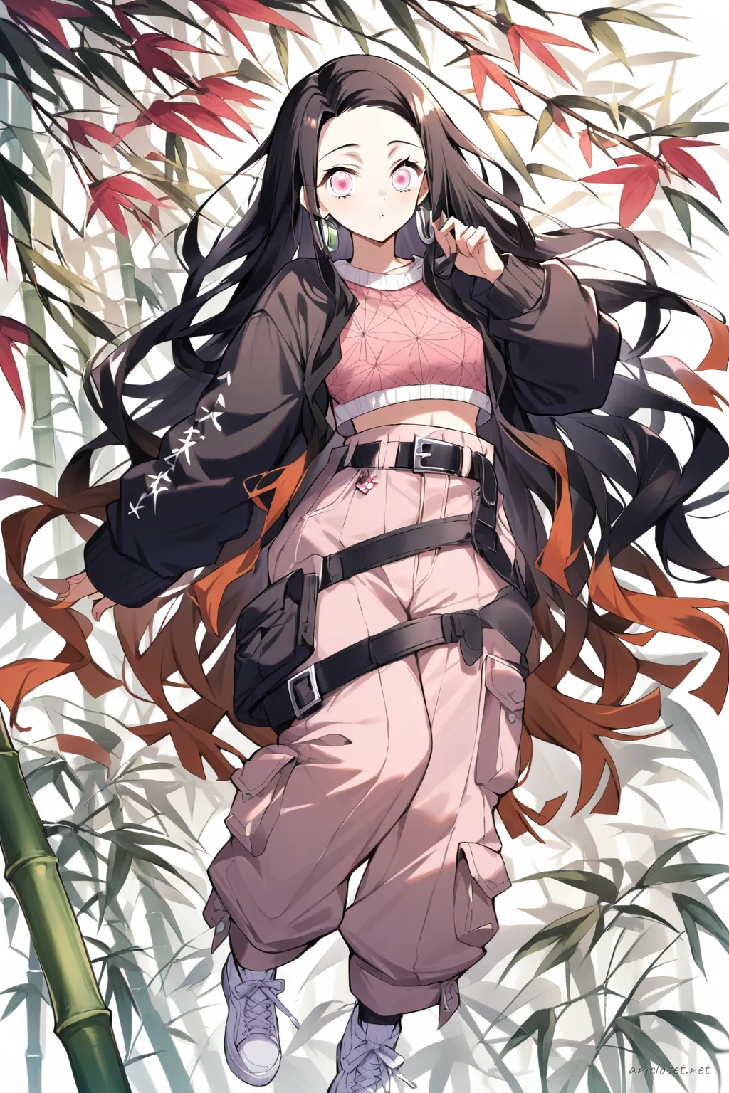 Full-body three-quarter view of Nezuko Kamado wearing an oversized cropped knit sweater, high-waisted tapered cargo pants with side pockets, white sneakers, ankle socks, and silver hoop earrings against a clean studio background