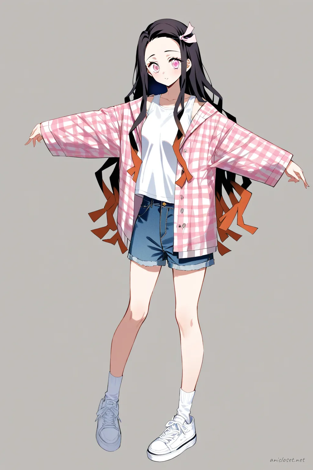 Full-body illustration of Nezuko Kamado in a plaid shirt layered over a white tank top, denim shorts, white ankle socks, and white sneakers, standing against a clean studio backdrop