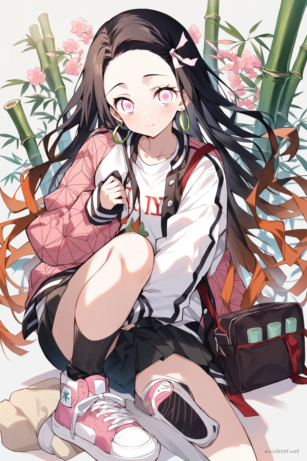 Full-body illustration of Nezuko Kamado wearing a varsity jacket, white t-shirt, black skinny jeans, and high-top sneakers in a standing pose against a clean studio backdrop