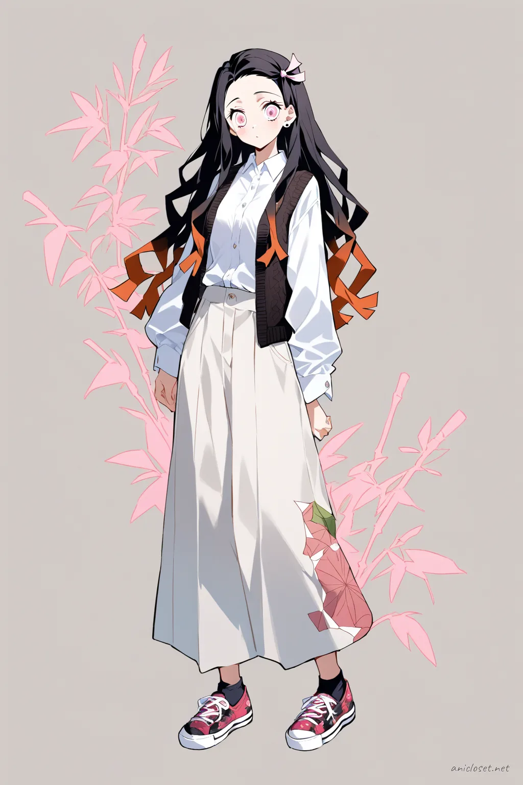 Full-body three-quarter view illustration of Nezuko Kamado wearing a knit vest over a white button-up shirt paired with wide-leg pants and slip-on sneakers, set against a clean studio background