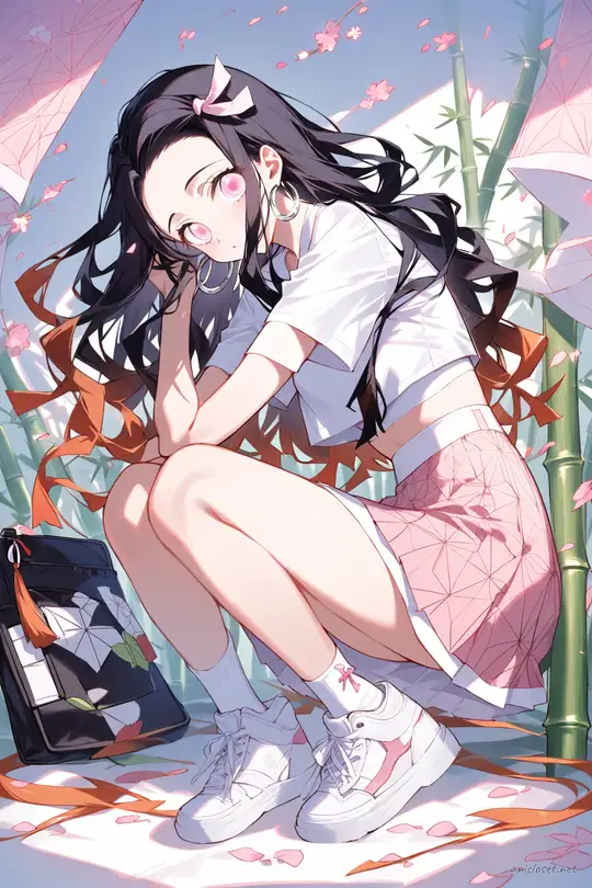 Knee-up half-body illustration of Nezuko Kamado wearing a white fitted t-shirt, light pink pleated tennis skirt, white ankle socks, and white and pink sneakers under soft studio lighting