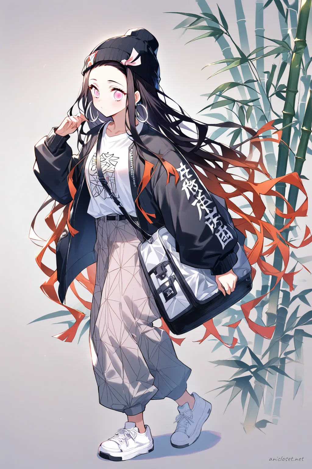 Full-body three-quarter view illustration of Nezuko Kamado wearing a black bomber jacket, white graphic t-shirt, gray jogger pants, white sneakers, black beanie, silver hoop earrings, and crossbody bag on a simple studio background