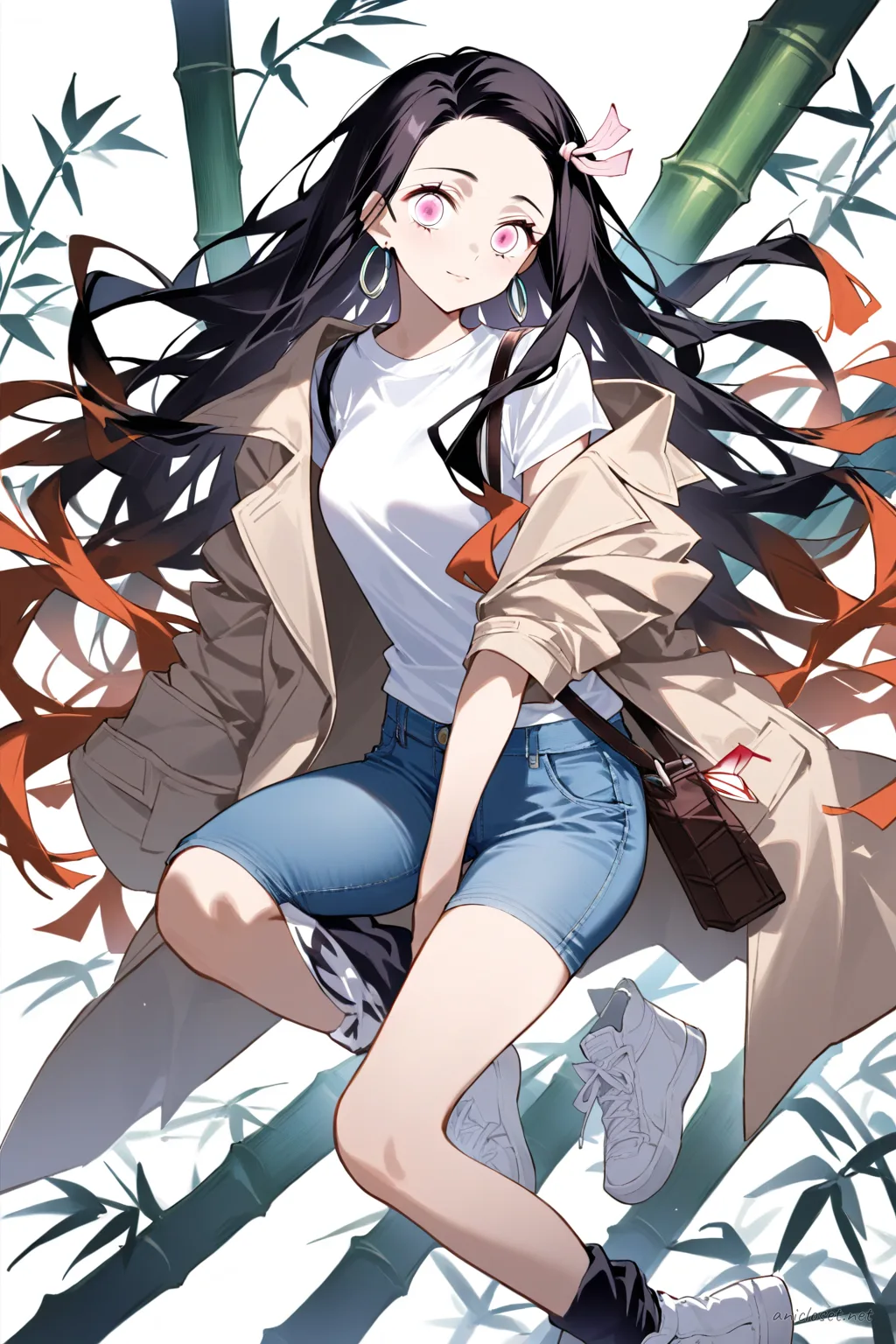 Full-body illustration of a female character wearing a beige trench coat, light blue jeans, white t-shirt, white sneakers, standing against a clean studio backdrop