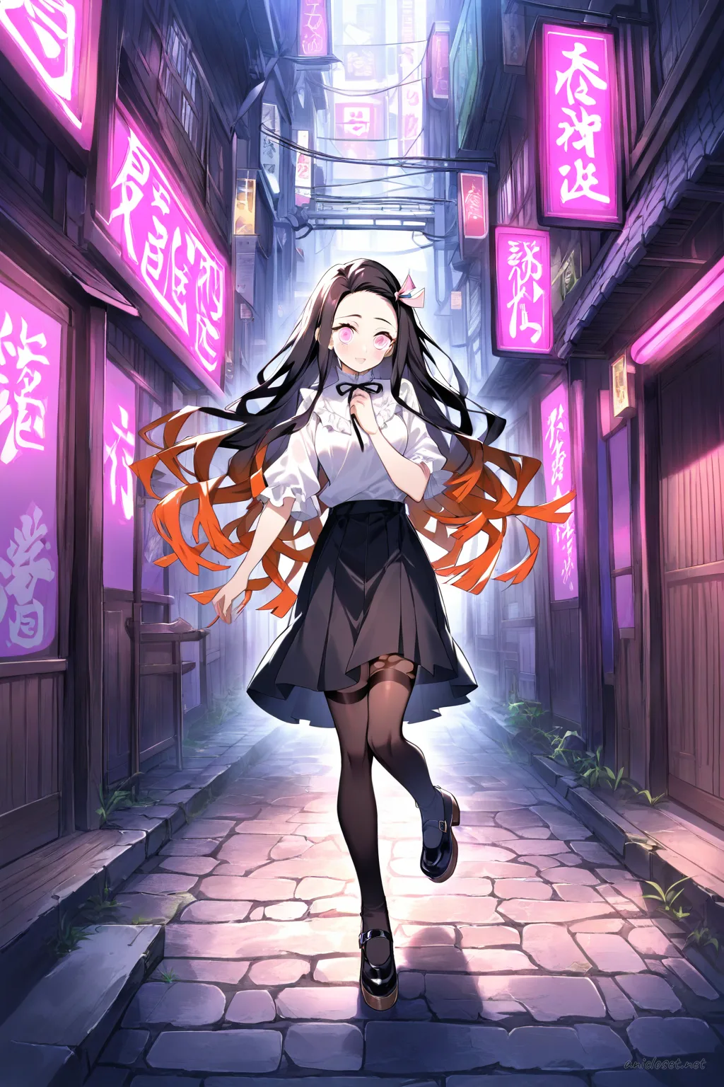 Full-body illustration of Nezuko Kamado in street casual outfit featuring white frilly blouse, black pleated short skirt, black platform Mary Janes, layered sheer black tights, standing in narrow neon alley with glowing signs and wet reflective pavement