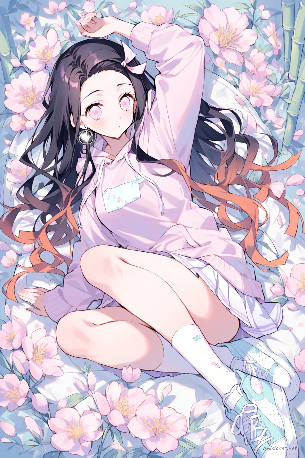 Full-body three-quarter view illustration of Nezuko Kamado wearing a pastel pink oversized hoodie, light lavender pleated skirt, white ankle socks, pastel blue sneakers, and carrying a cream tote bag with minimal print, set against a clean studio background