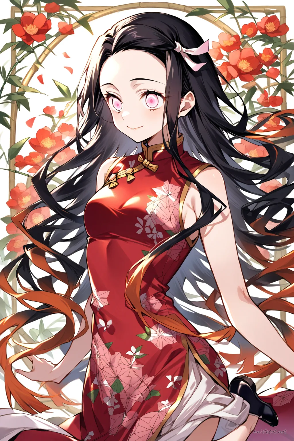 Full-body three-quarter view of Nezuko Kamado in a classic red qipao with gold trim, frog buttons, and black ballet flats