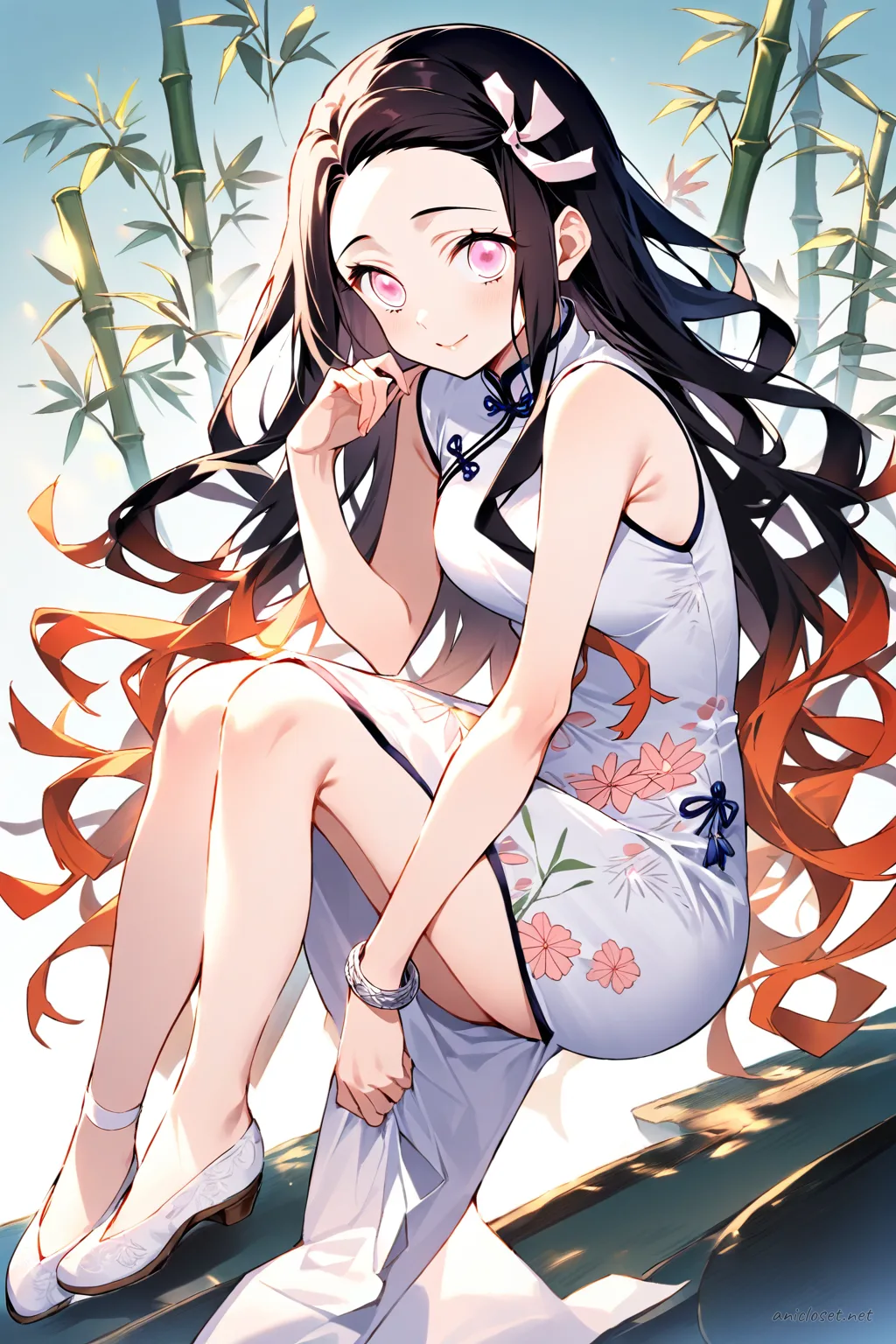Full-body three-quarter view illustration of Nezuko Kamado wearing a navy cheongsam with subtle floral embroidery, side slits, sleeveless design, mandarin collar, white slip-on shoes, and a simple silver bracelet against a clean studio background