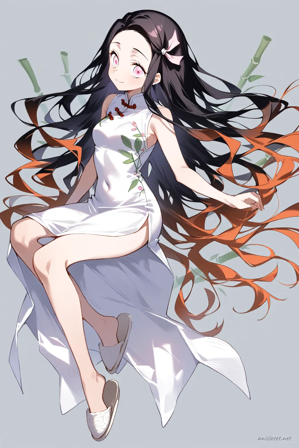 Full-body three-quarter view illustration of Nezuko Kamado wearing a white silk qipao with high mandarin collar, side slits, sleeveless fitted silhouette, white silk slippers, and a simple silver hairpin against a clean studio background