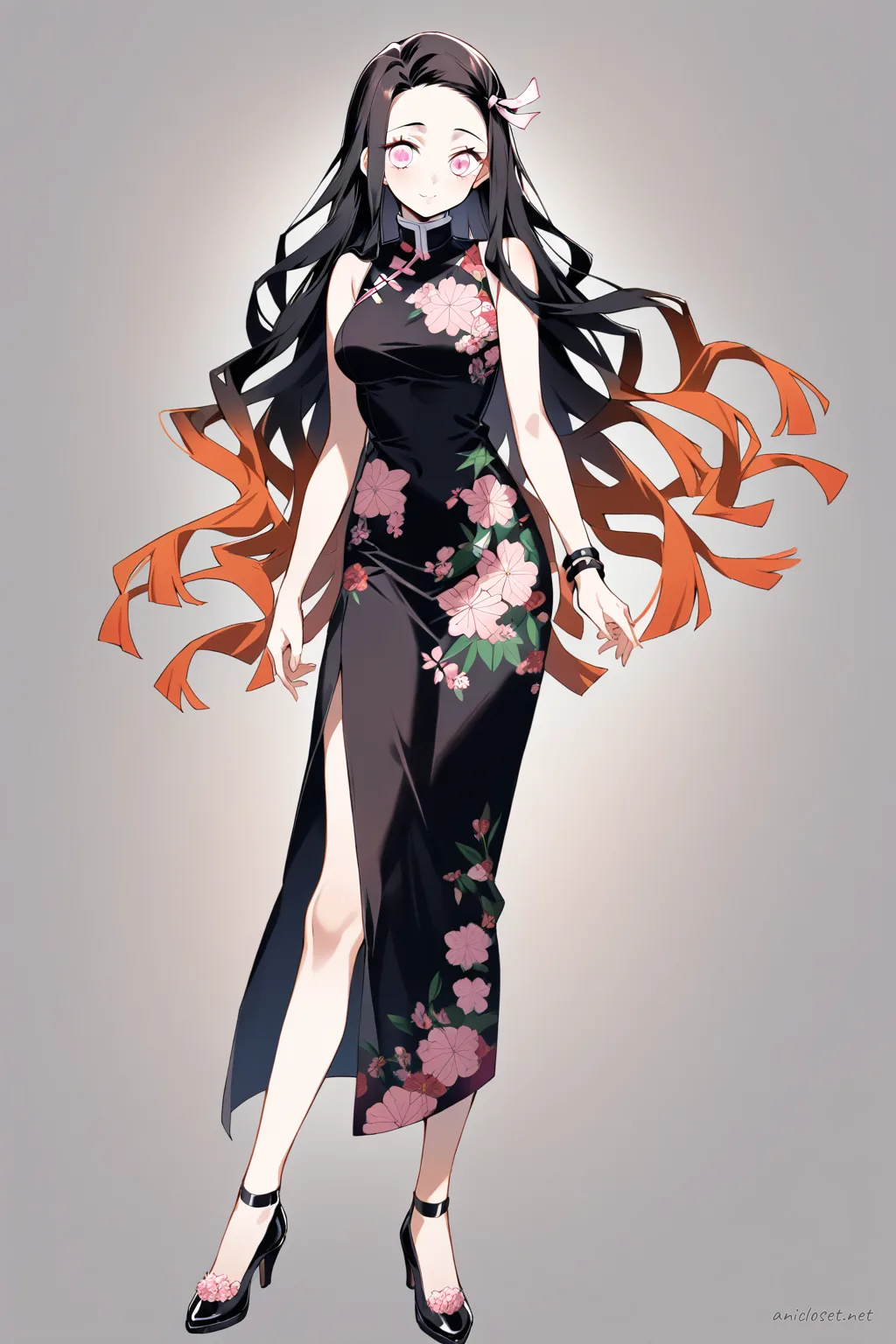 Full-body three-quarter view of Nezuko Kamado wearing a fitted black qipao with high collar, side slits, floral embroidery, black high heels, and simple black bracelet against a clean studio background